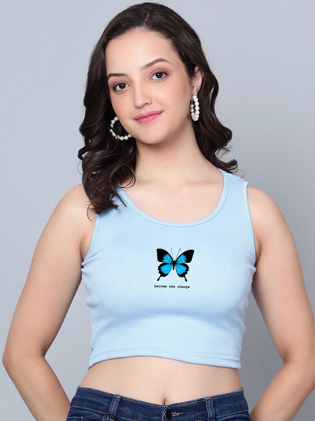 

Fashion And Youth Graphic Printed Sleeveless Fitted Crop Top, Turquoise blue