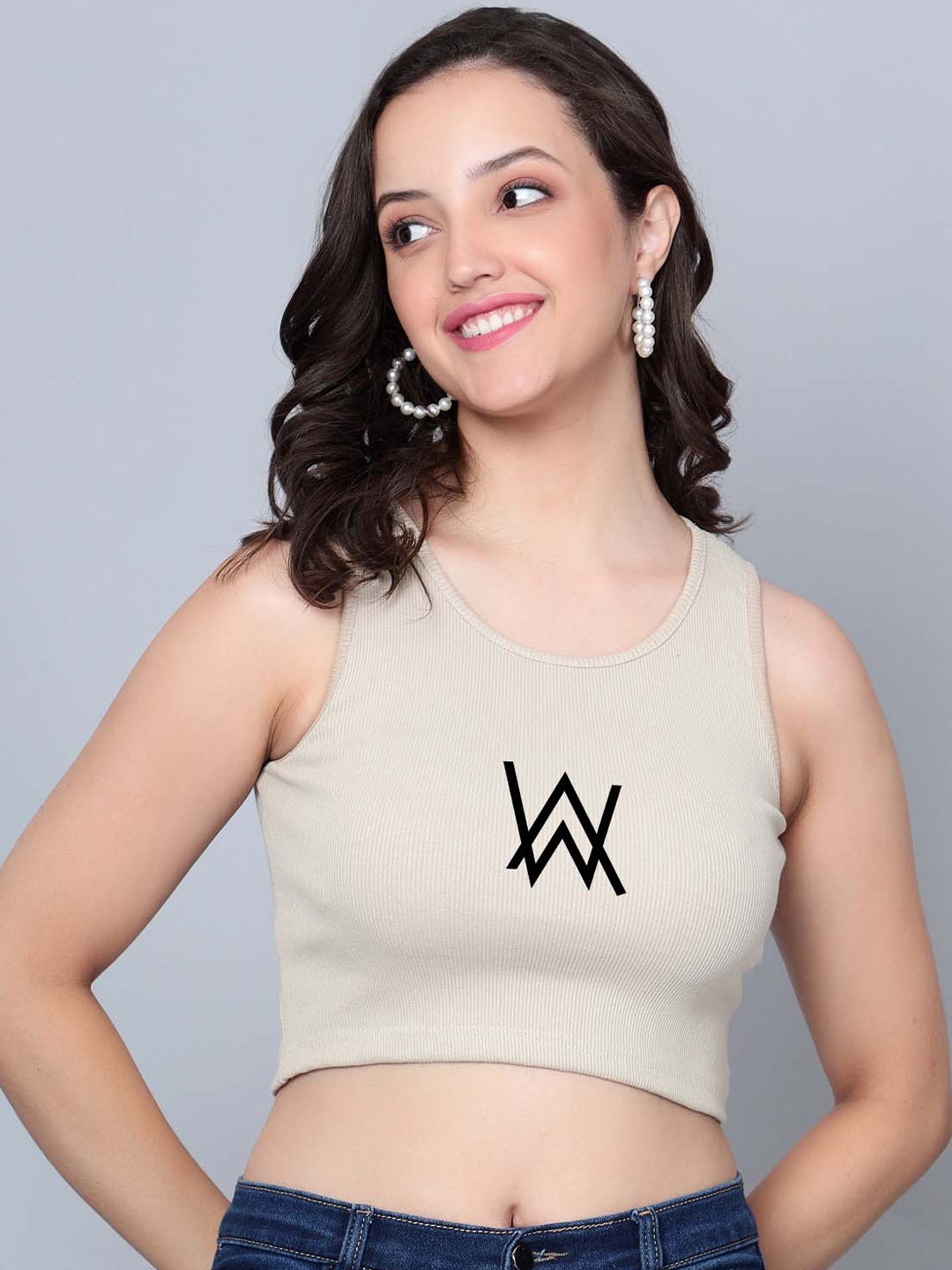 

Fashion And Youth Typography Printed Sleeveless Fitted Crop Top, Beige
