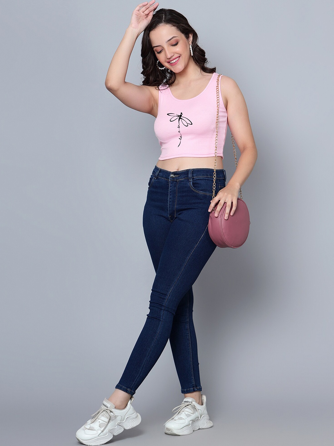 

Fashion And Youth Printed Round Neck Sleeveless Tank Crop Top, Pink