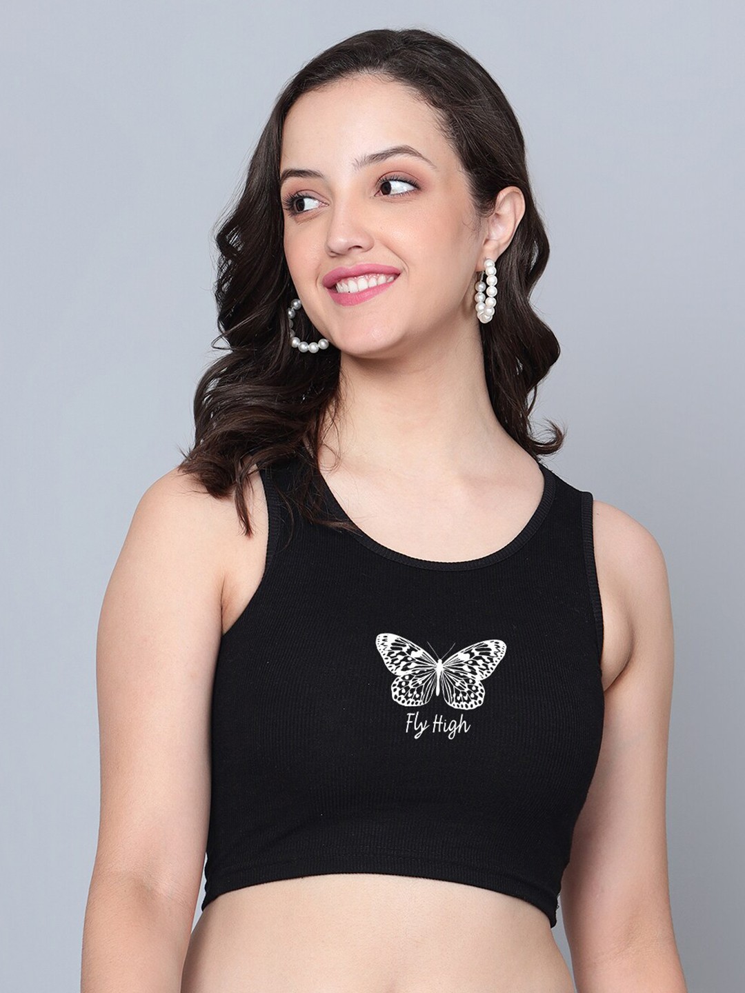 

Fashion And Youth Graphic Printed Ribbed Fitted Crop Top, Black