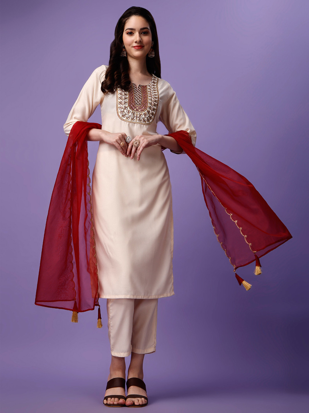 

KALINI Women Ethnic Motifs Embroidered Regular Thread Work Kurta with Trousers & With Dupatta, White
