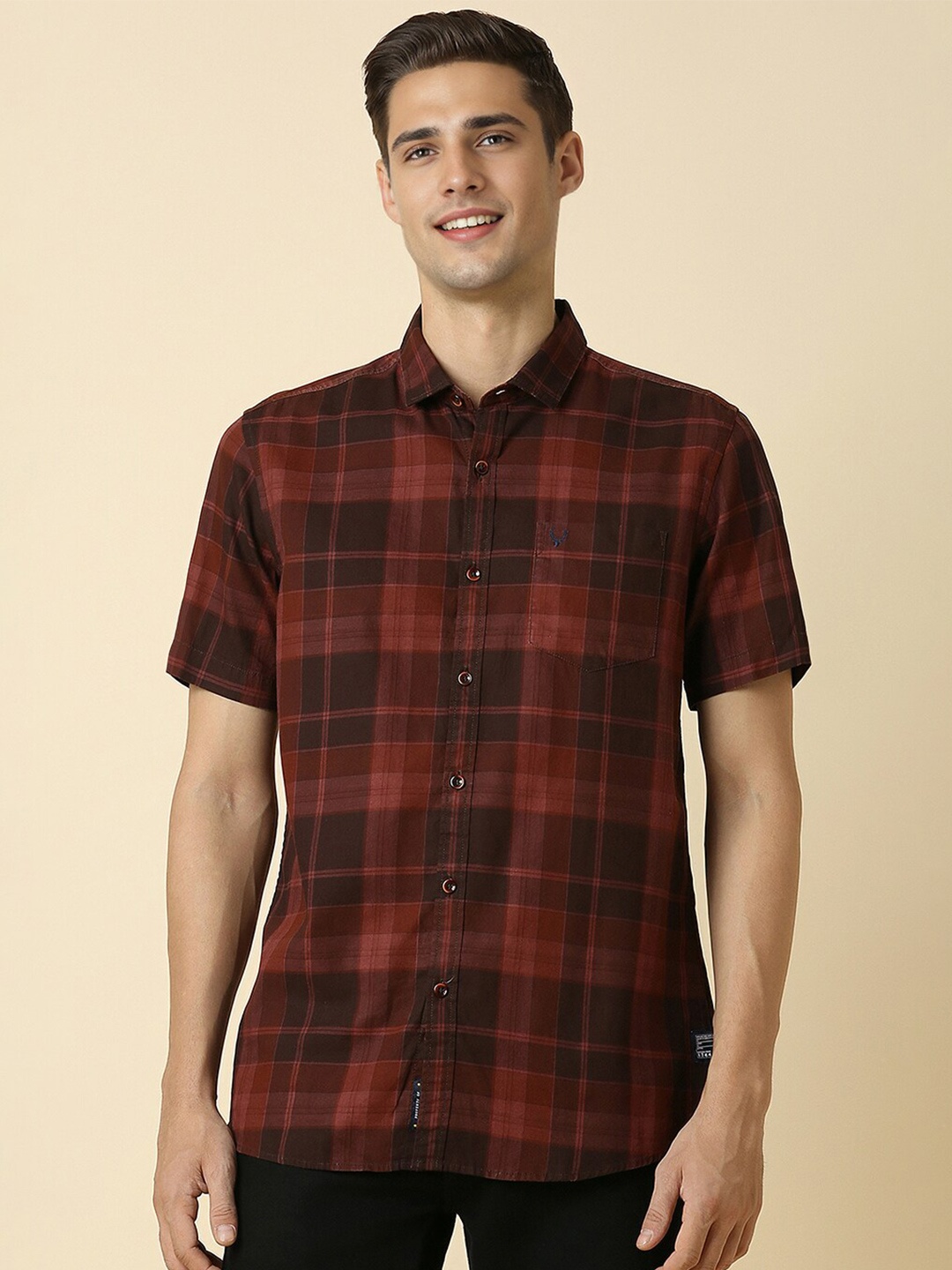 

Allen Solly Custom Fit Tartan Checked Spread Collar Cotton Casual Shirt, Maroon