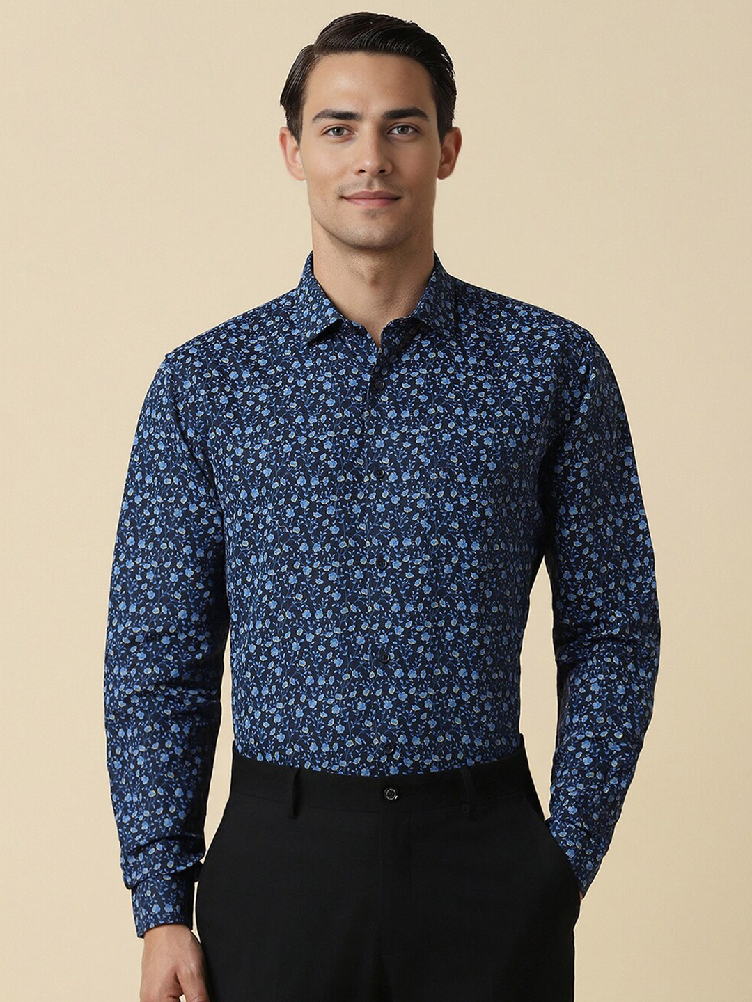 

Allen Solly Slim Fit Floral Printed Cotton Linen Formal Shirt, Navy blue