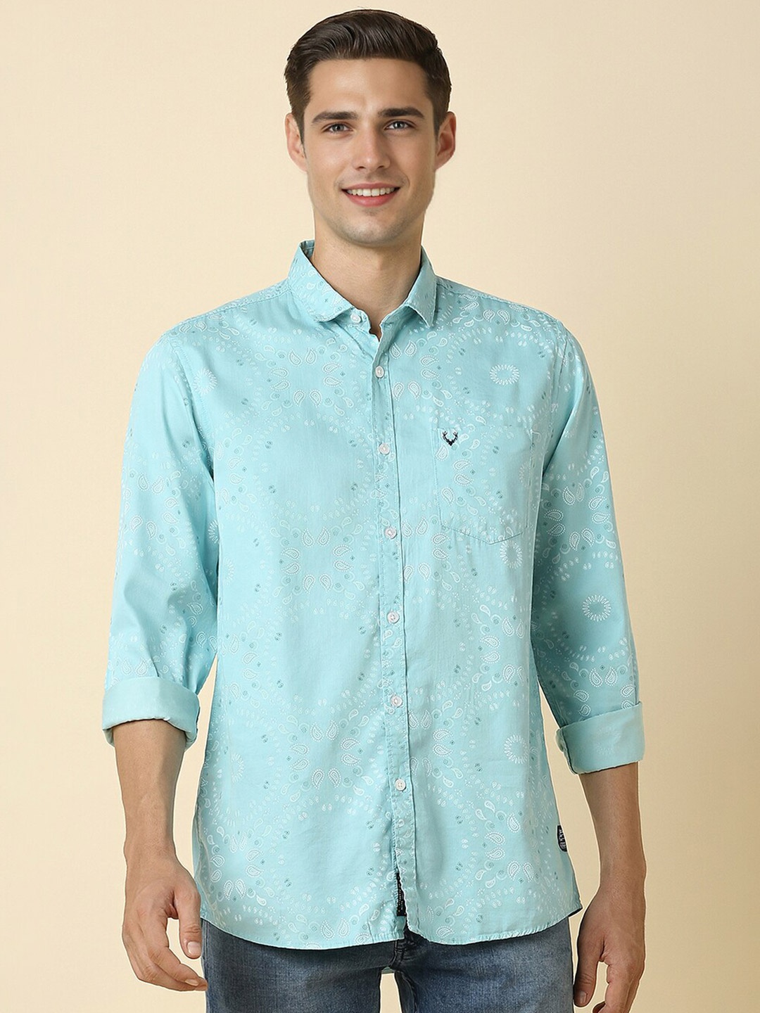 

Allen Solly Custom Fit Ethnic Motifs Printed Spread Collar Casual Shirt, Blue