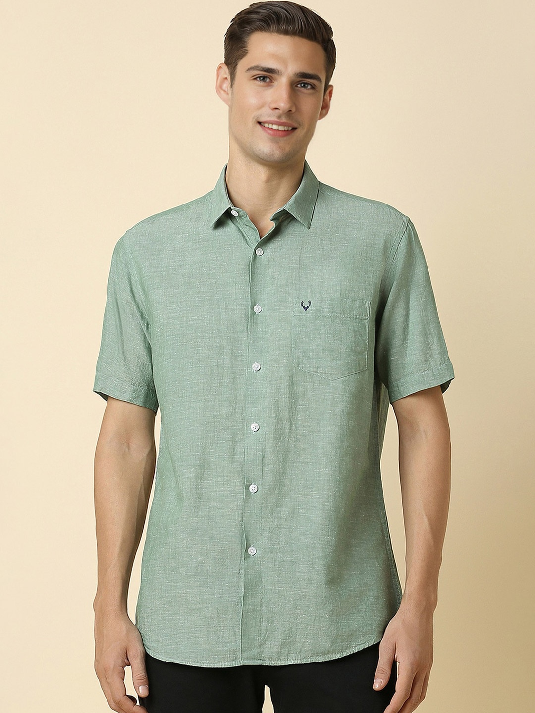 

Allen Solly Slim Fit Textured Self Design Cotton Linen Casual Shirt, Green