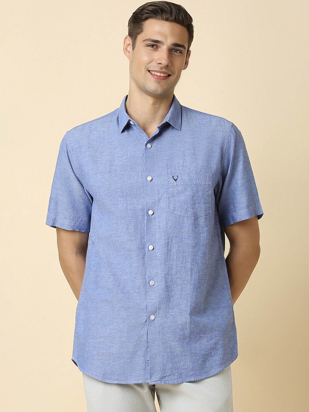 

Allen Solly Slim Fit Textured Self Design Cotton Linen Casual Shirt, Blue