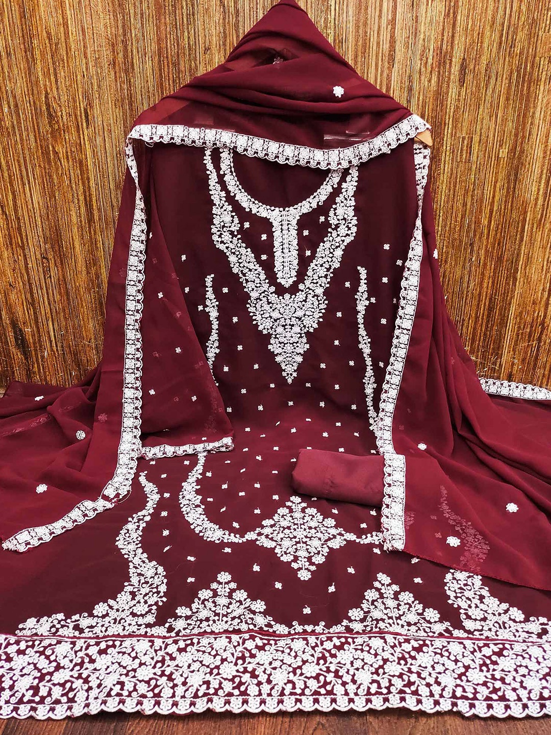 

Peachmode Embroidered Silk Georgette Unstitched Dress Material, Maroon