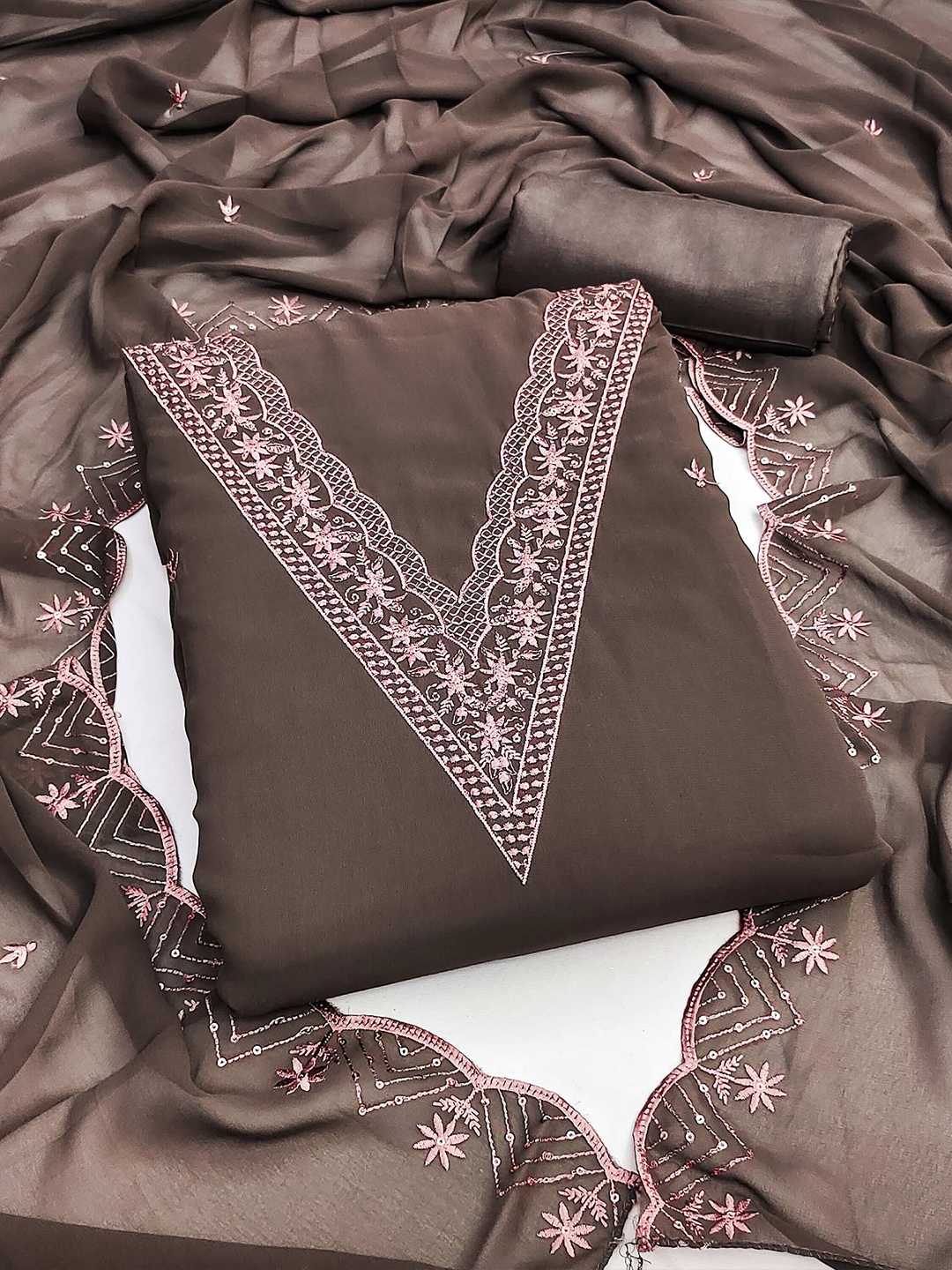 

Peachmode Embroidered Silk Georgette Unstitched Dress Material, Brown
