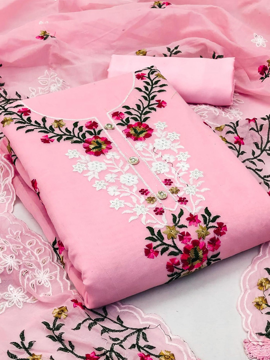 

Peachmode Embroidered Unstitched Dress Material, Pink