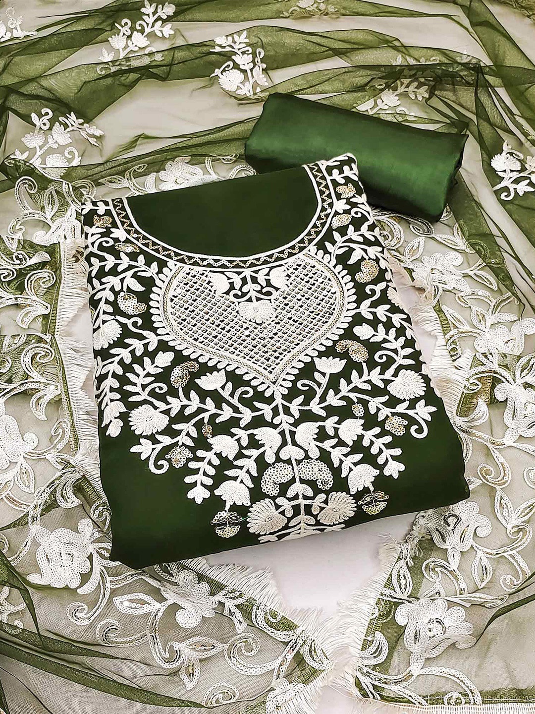 Peachmode Embroidered Silk Georgette Unstitched Dress Material, Green