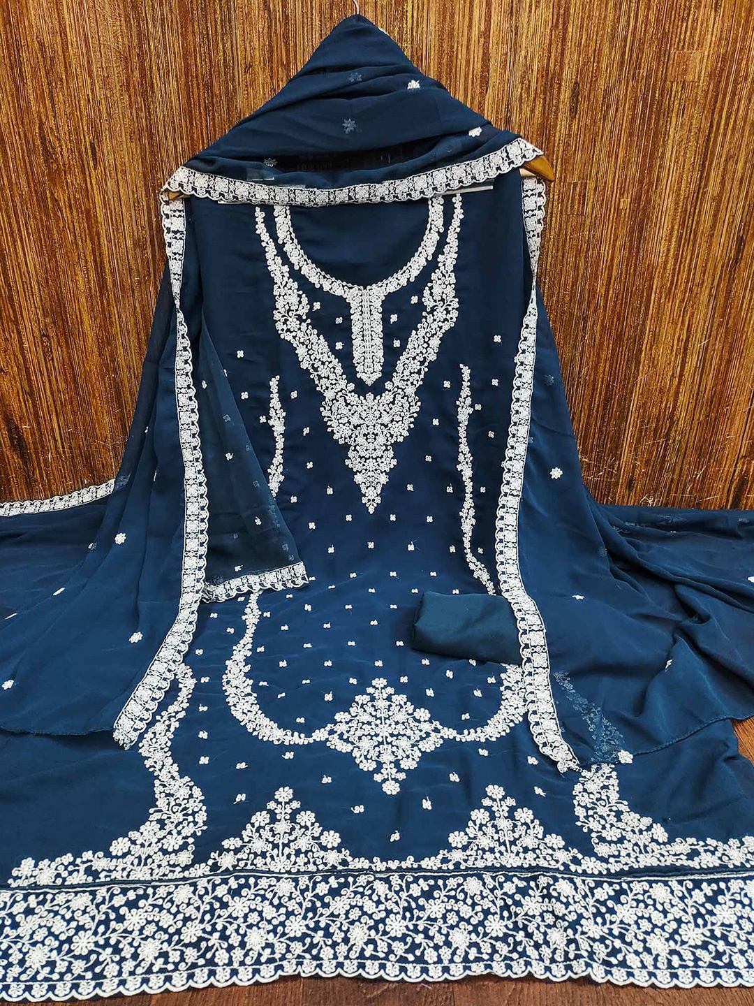 

Peachmode Embroidered Silk Georgette Unstitched Dress Material, Blue