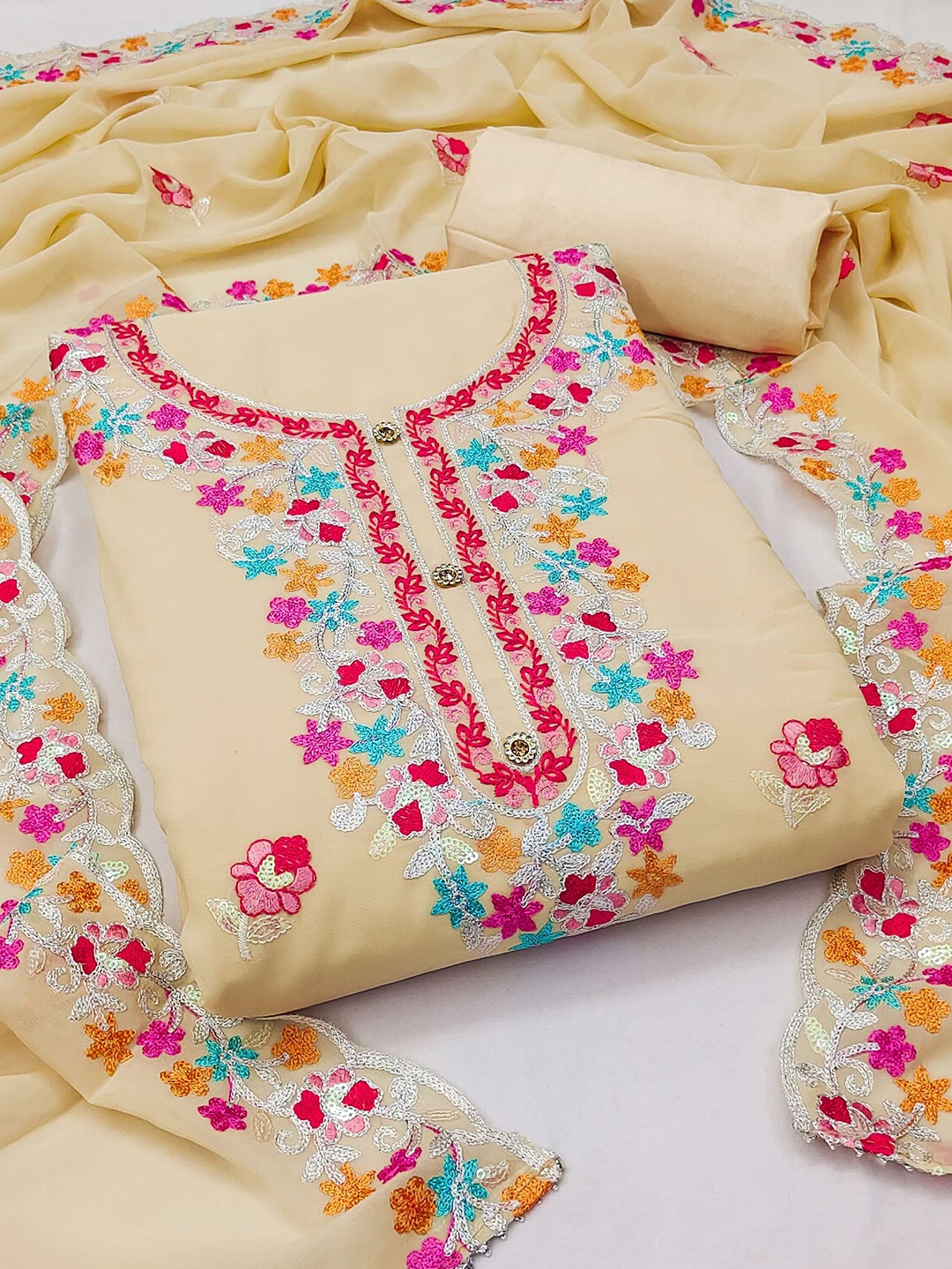

Peachmode Embroidered Silk Georgette Unstitched Dress Material, Yellow