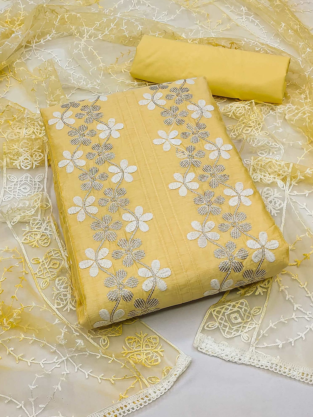 

Peachmode Embroidered Unstitched Dress Material, Yellow