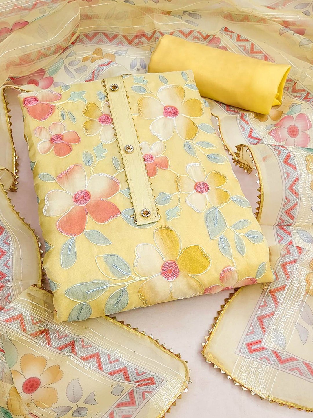 

Peachmode Printed Organza Unstitched Dress Material, Yellow