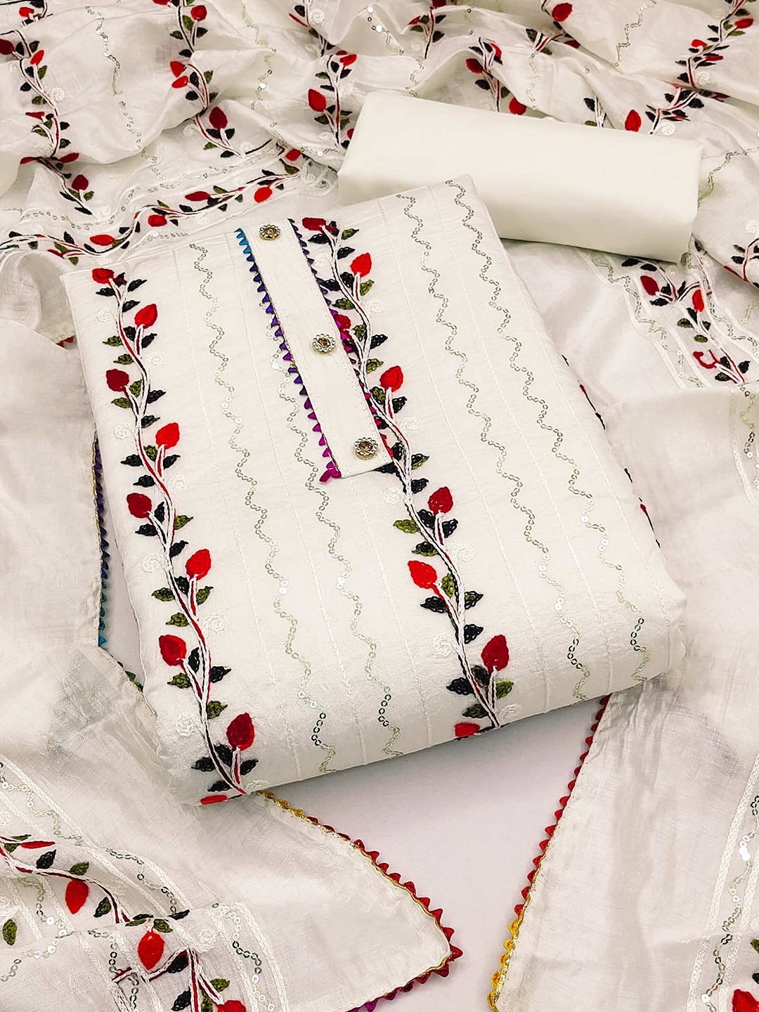 

Peachmode Embroidered Unstitched Dress Material, White