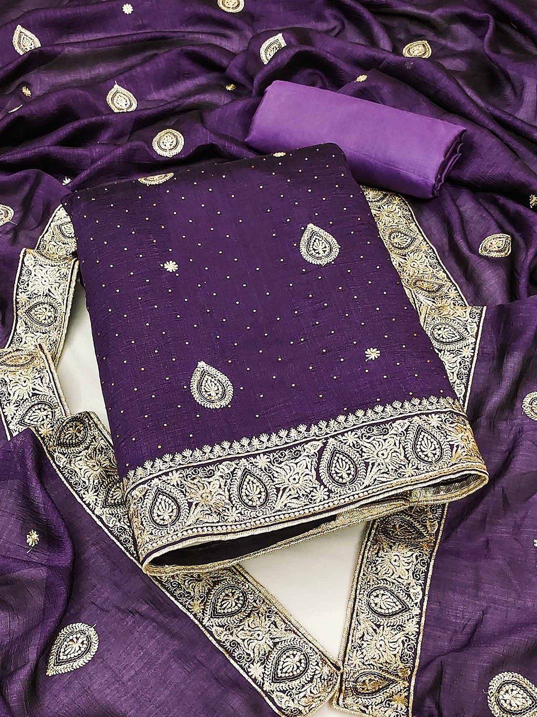

Peachmode Embroidered Unstitched Dress Material, Purple