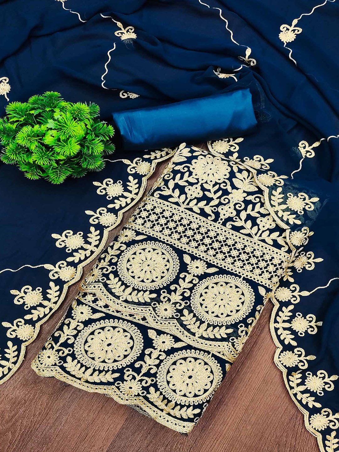

Peachmode Embroidered Silk Georgette Unstitched Dress Material, Teal