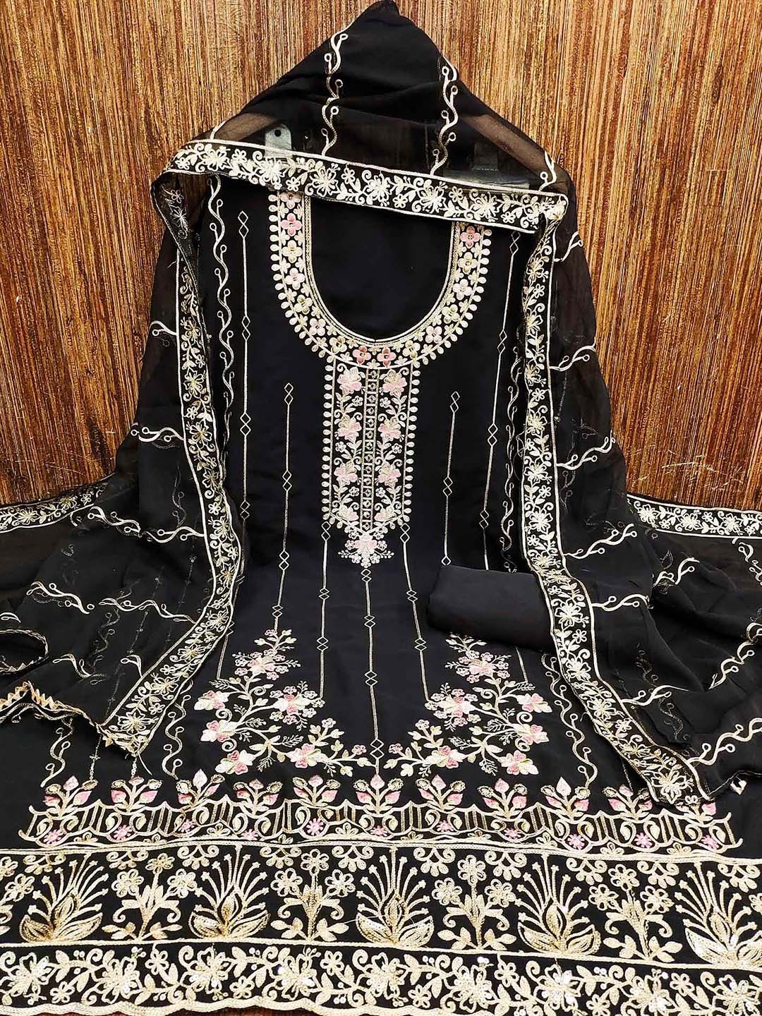 

Peachmode Embroidered Silk Georgette Unstitched Dress Material, Black