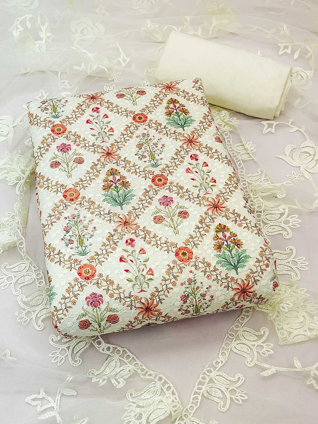 

Peachmode Embroidered Unstitched Dress Material, Off white