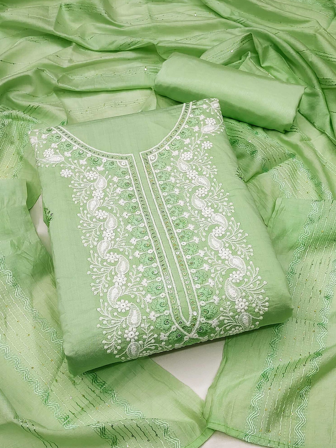 

Peachmode Embroidered Viscose Rayon Unstitched Dress Material, Green