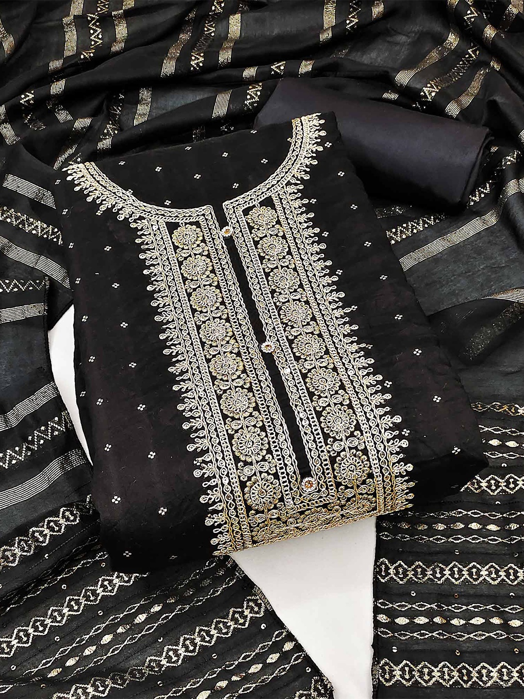 

Peachmode Embroidered Unstitched Dress Material, Black