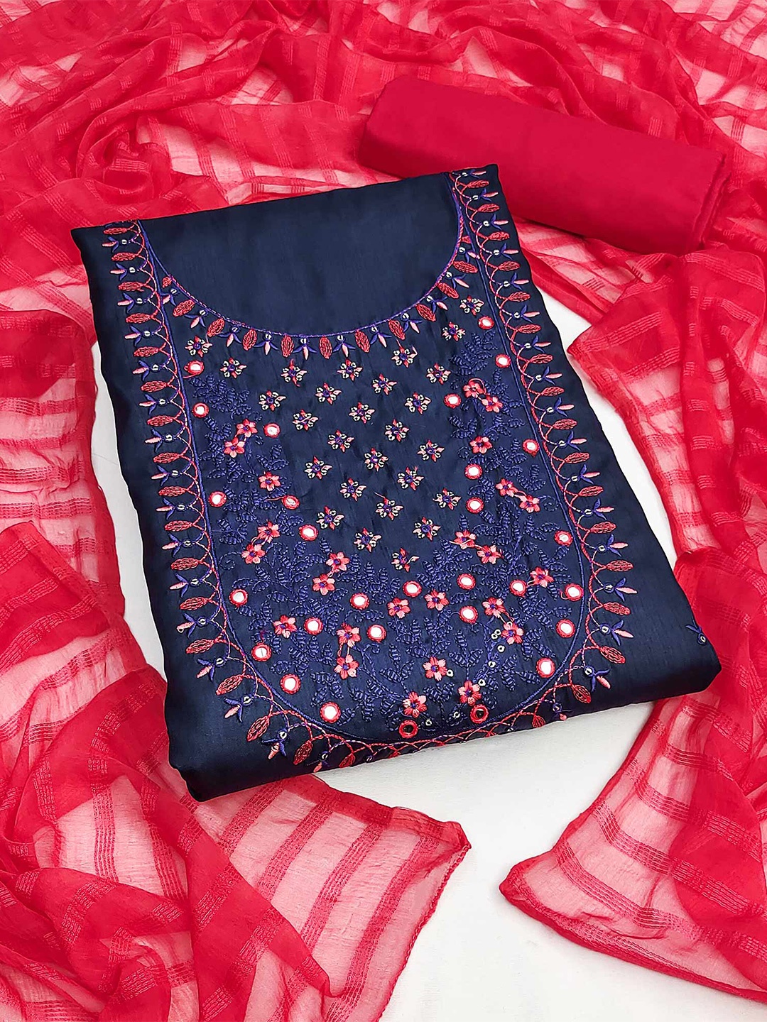 

Peachmode Embroidered Art Silk Unstitched Dress Material, Blue