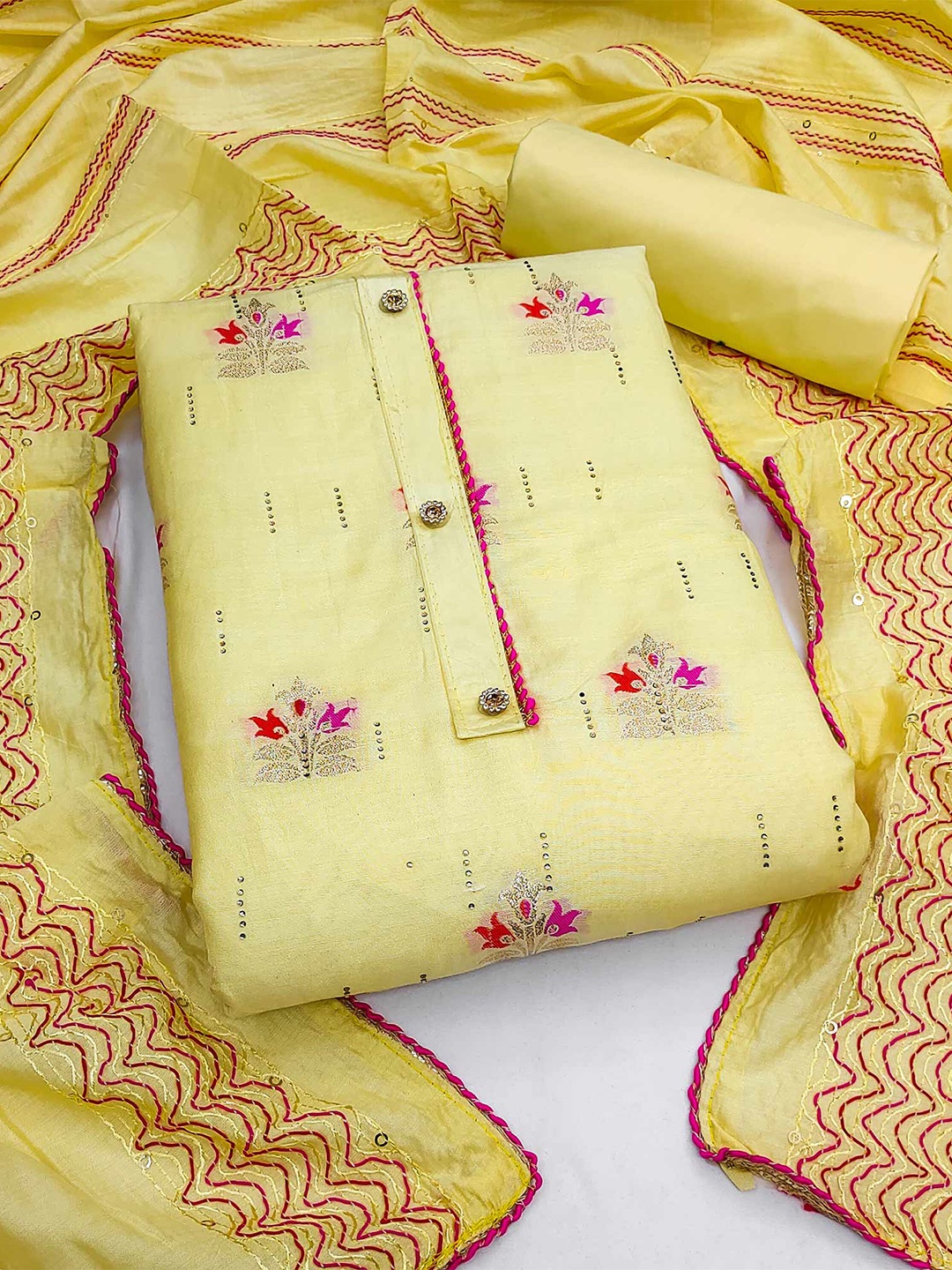 

Peachmode Embroidered Unstitched Dress Material, Yellow