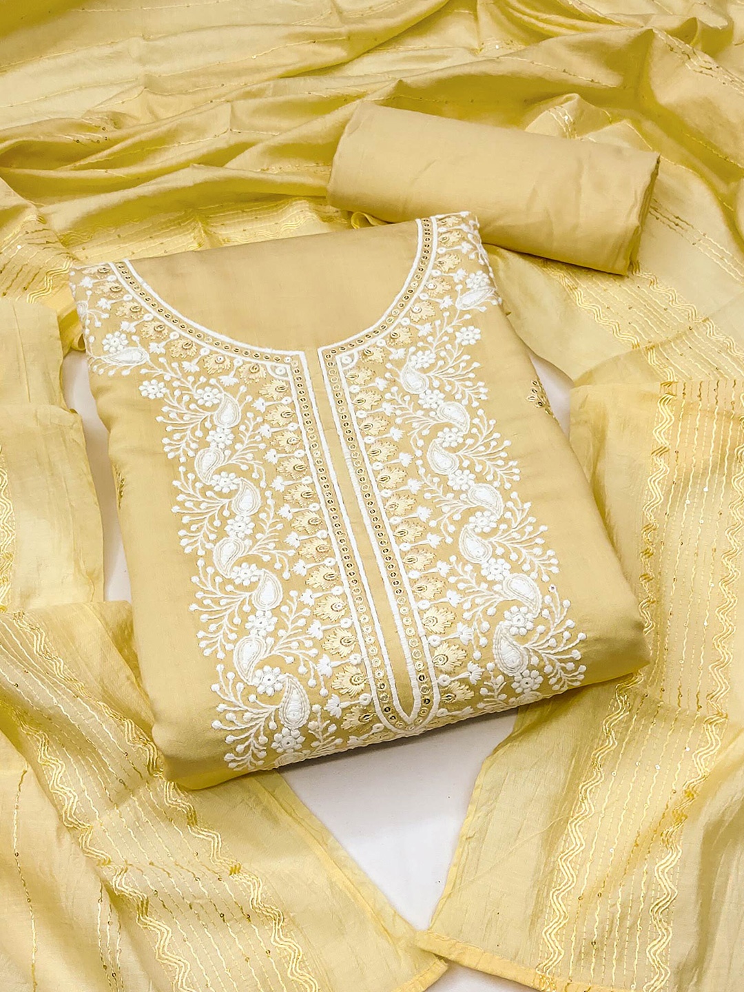 

Peachmode Embroidered Viscose Rayon Unstitched Dress Material, Yellow