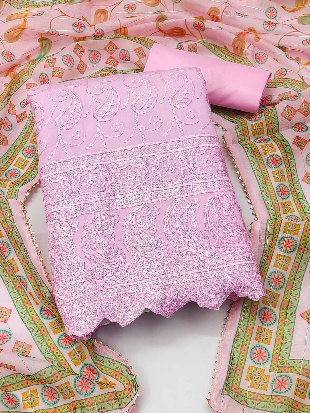 

Peachmode Embroidered Unstitched Dress Material, Pink