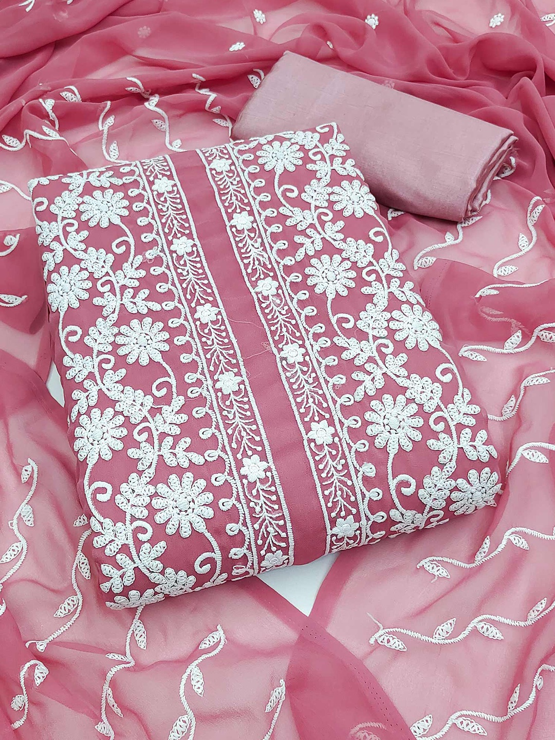 

Peachmode Embroidered Silk Georgette Unstitched Dress Material, Pink