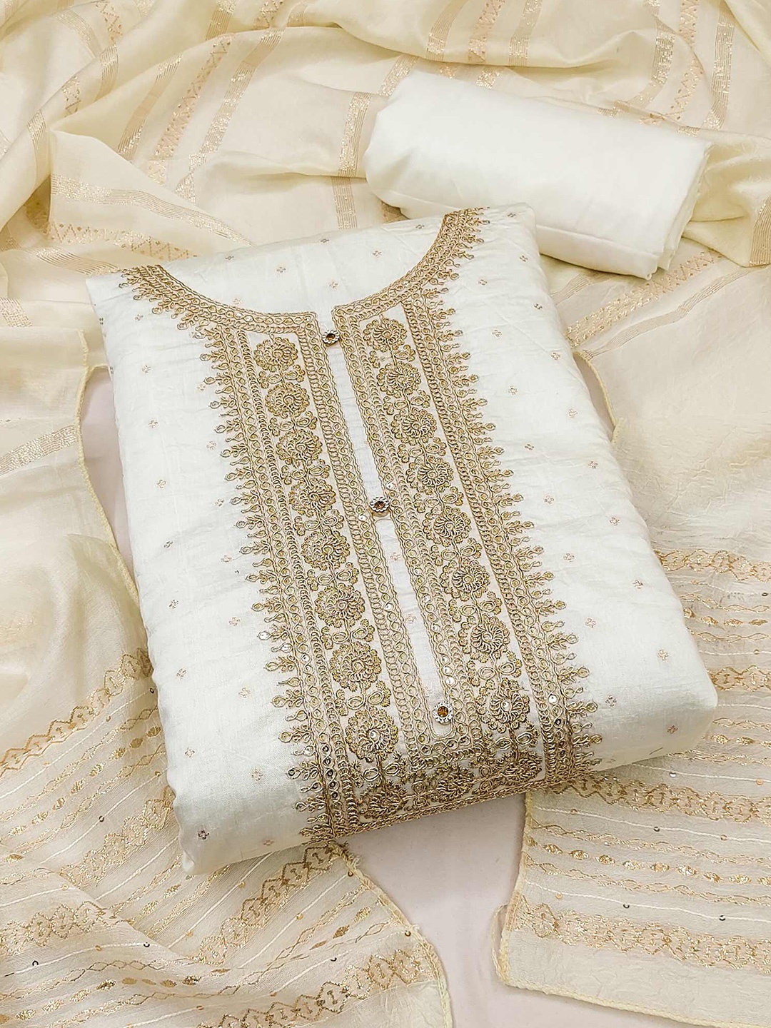 

Peachmode Embroidered Unstitched Dress Material, Off white