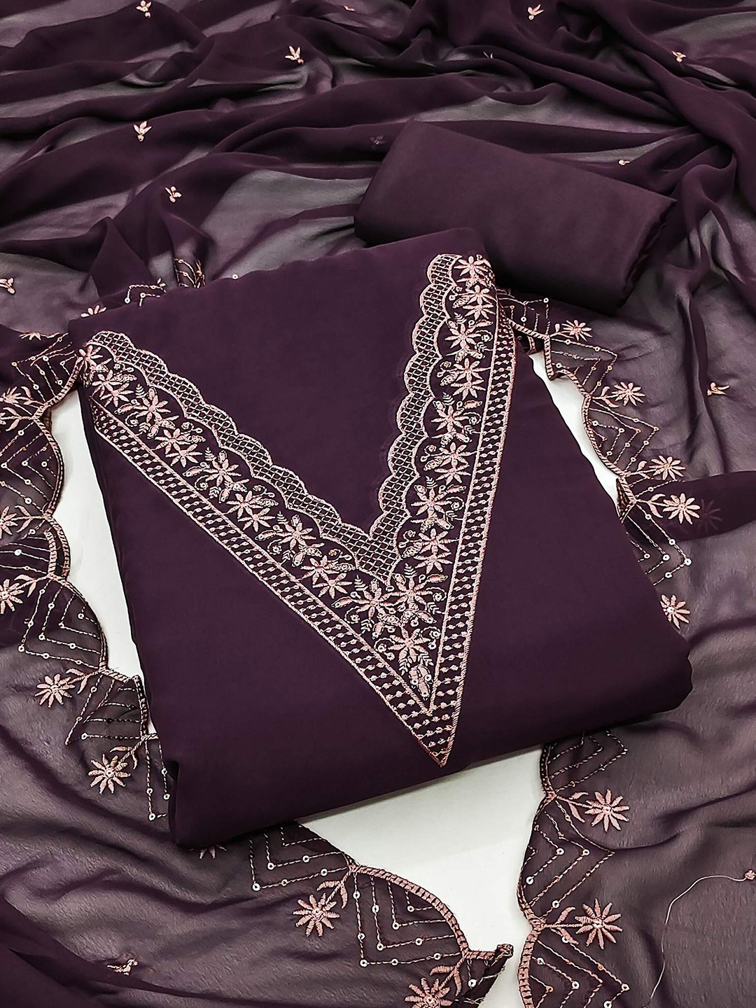 

Peachmode Embroidered Silk Georgette Unstitched Dress Material, Purple