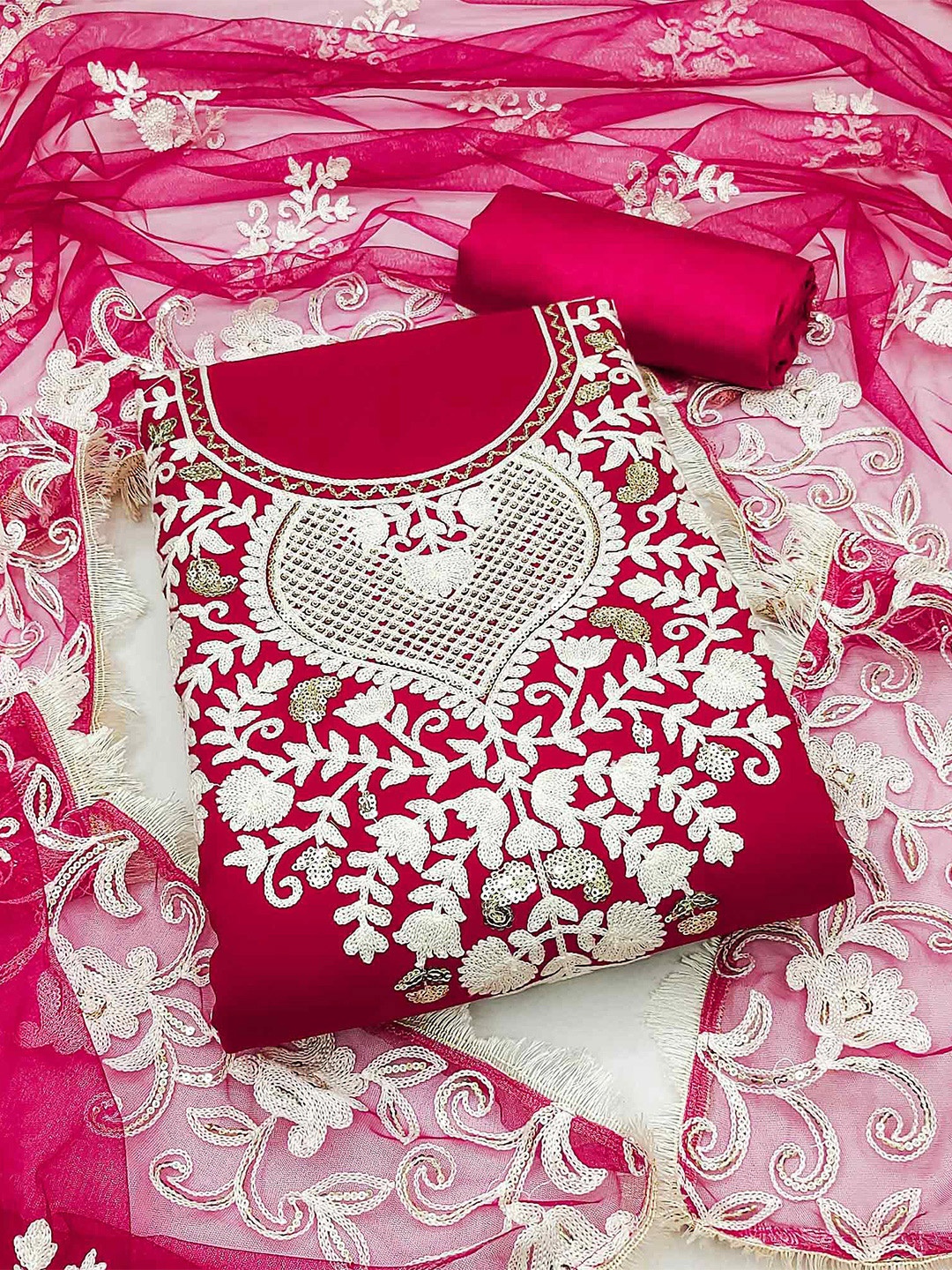 Peachmode Embroidered Silk Georgette Unstitched Dress Material, Pink