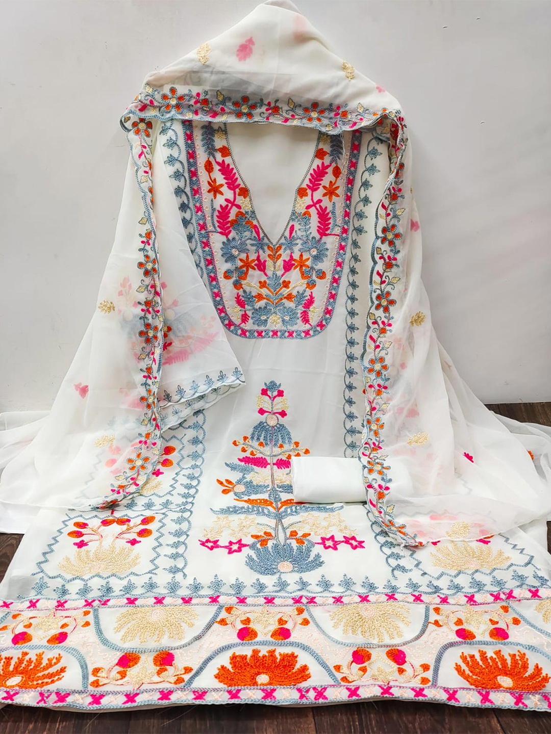 

Peachmode Embroidered Silk Georgette Unstitched Dress Material, White