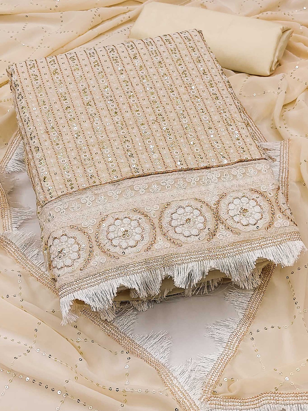 

Peachmode Embroidered Silk Georgette Unstitched Dress Material, Cream