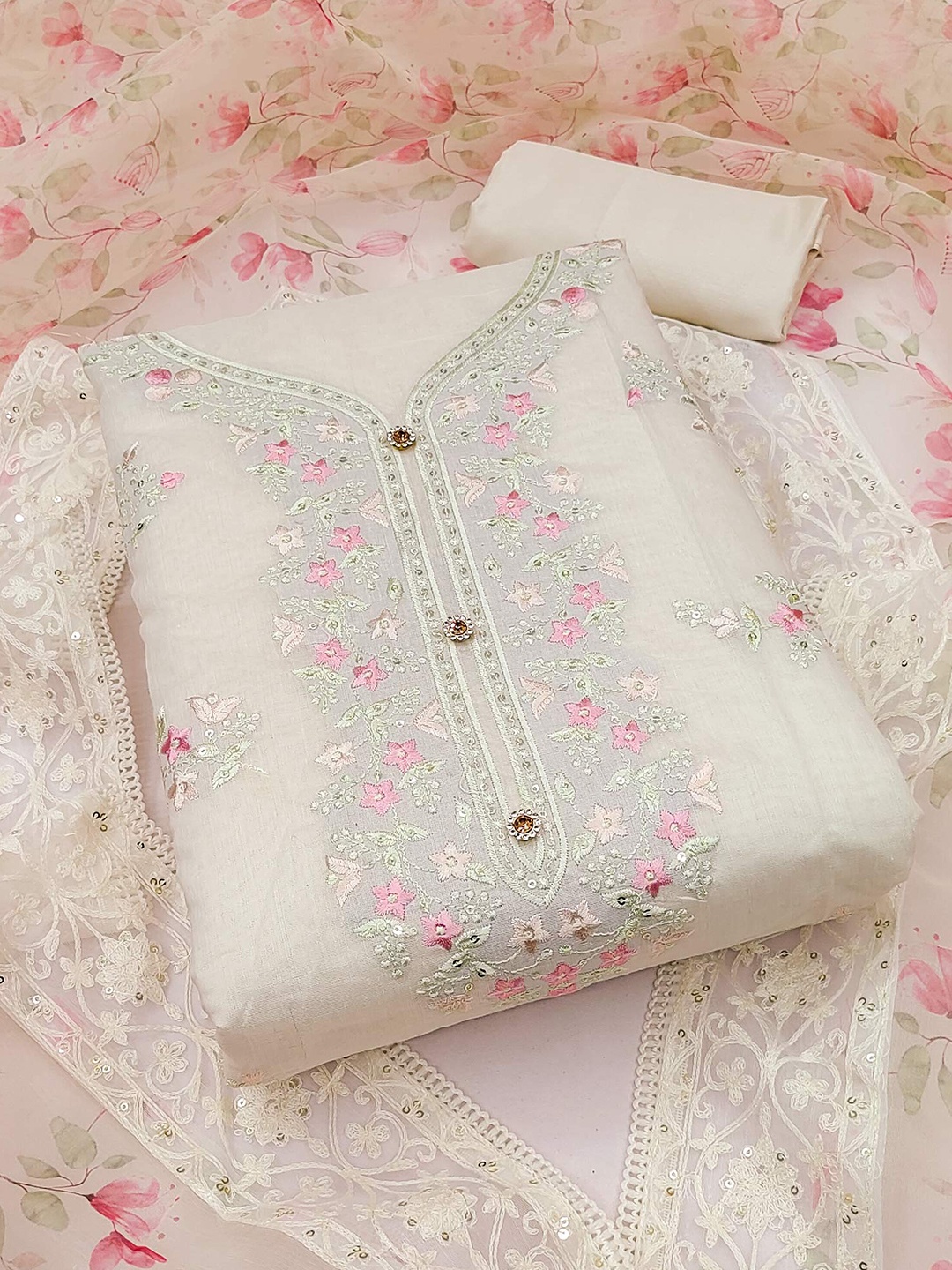 

Peachmode Embroidered Unstitched Dress Material, White