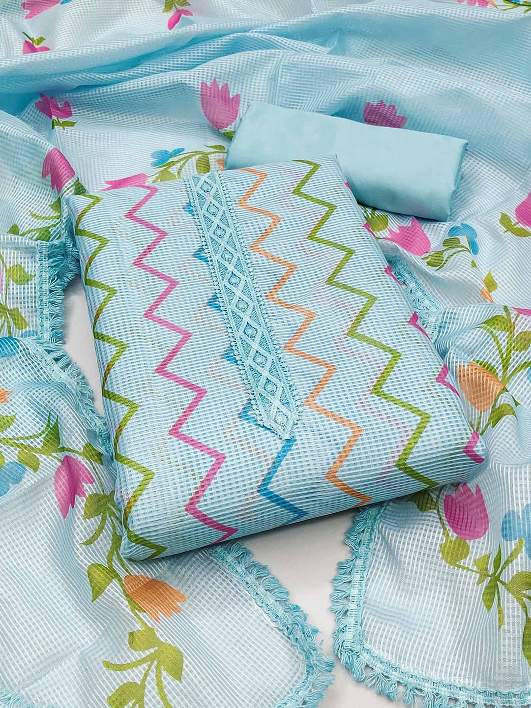 

Peachmode Printed Unstitched Dress Material, Turquoise blue