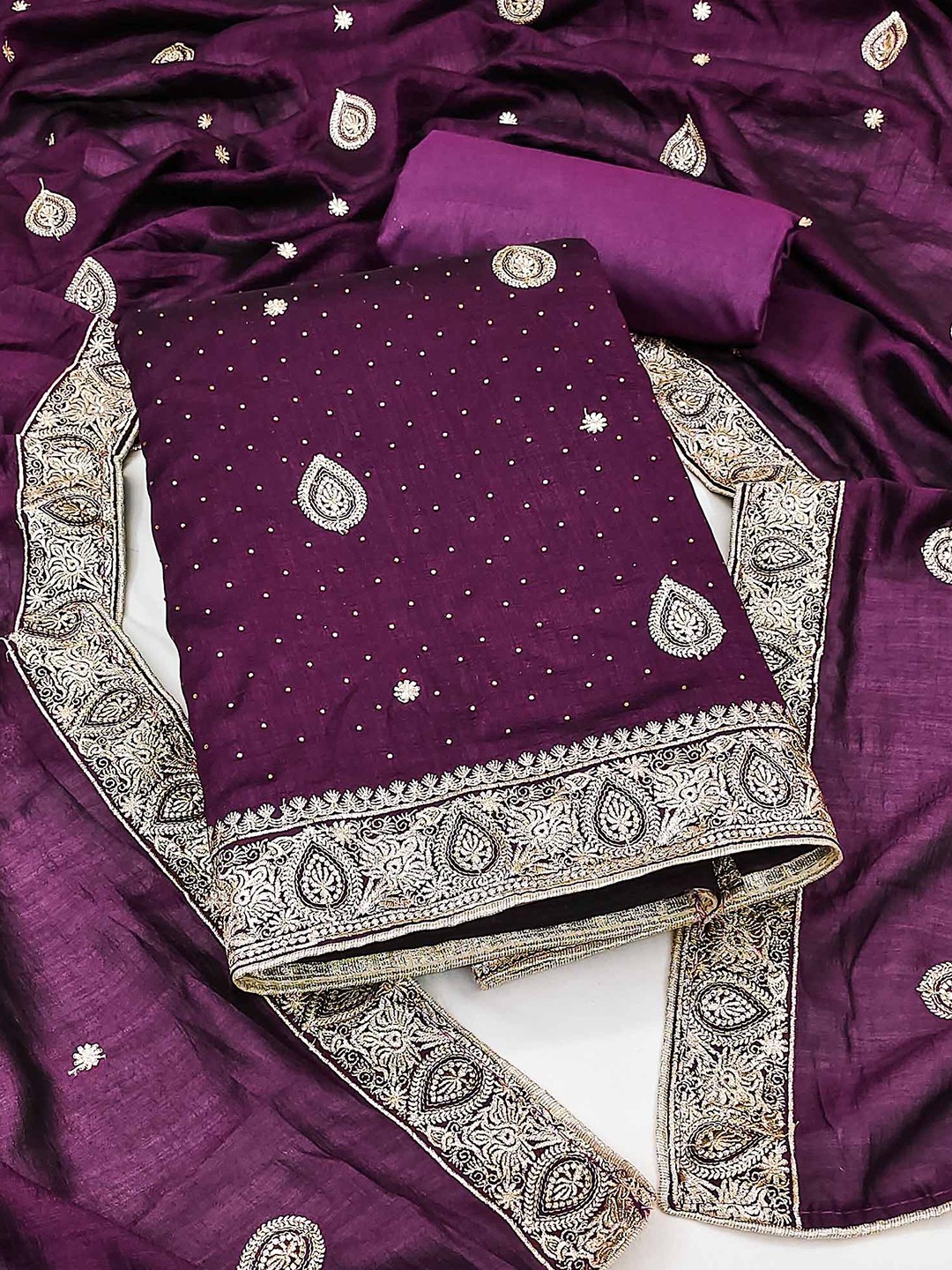 

Peachmode Embroidered Unstitched Dress Material, Purple