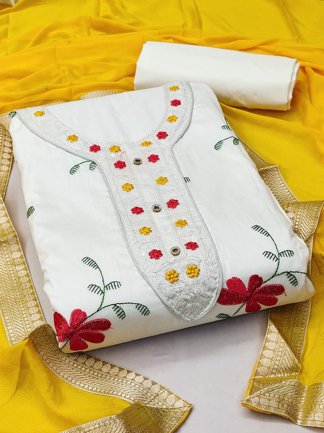 

Peachmode Embroidered Pure Cotton Unstitched Dress Material, White