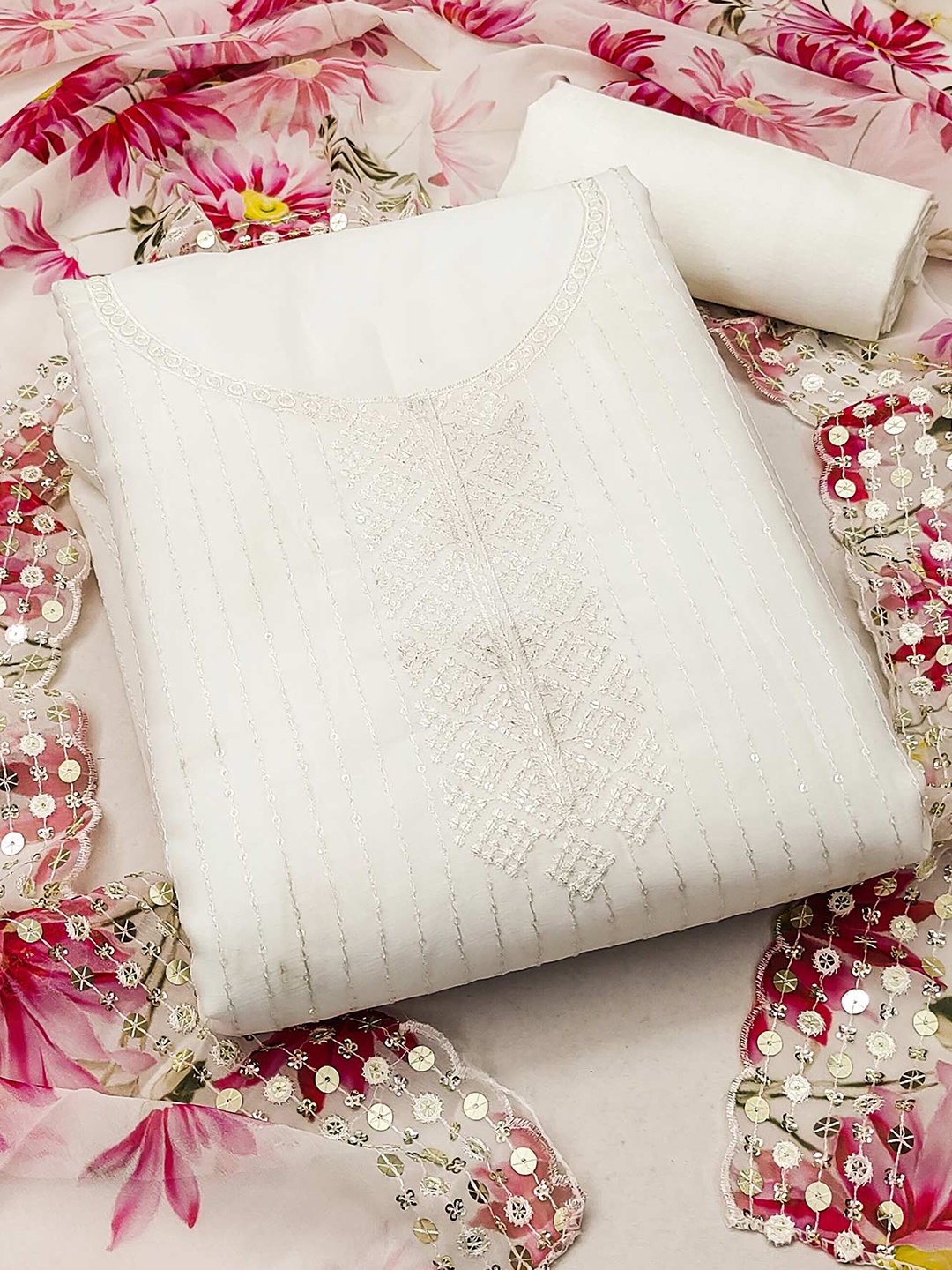 

Peachmode Embroidered Silk Georgette Unstitched Dress Material, White