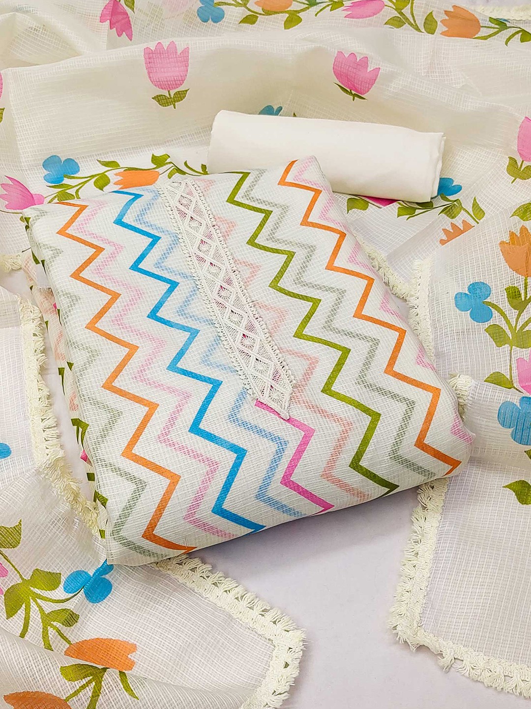 

Peachmode Printed Unstitched Dress Material, Off white