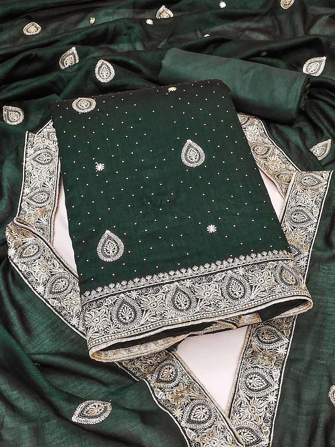 

Peachmode Embroidered Unstitched Dress Material, Green