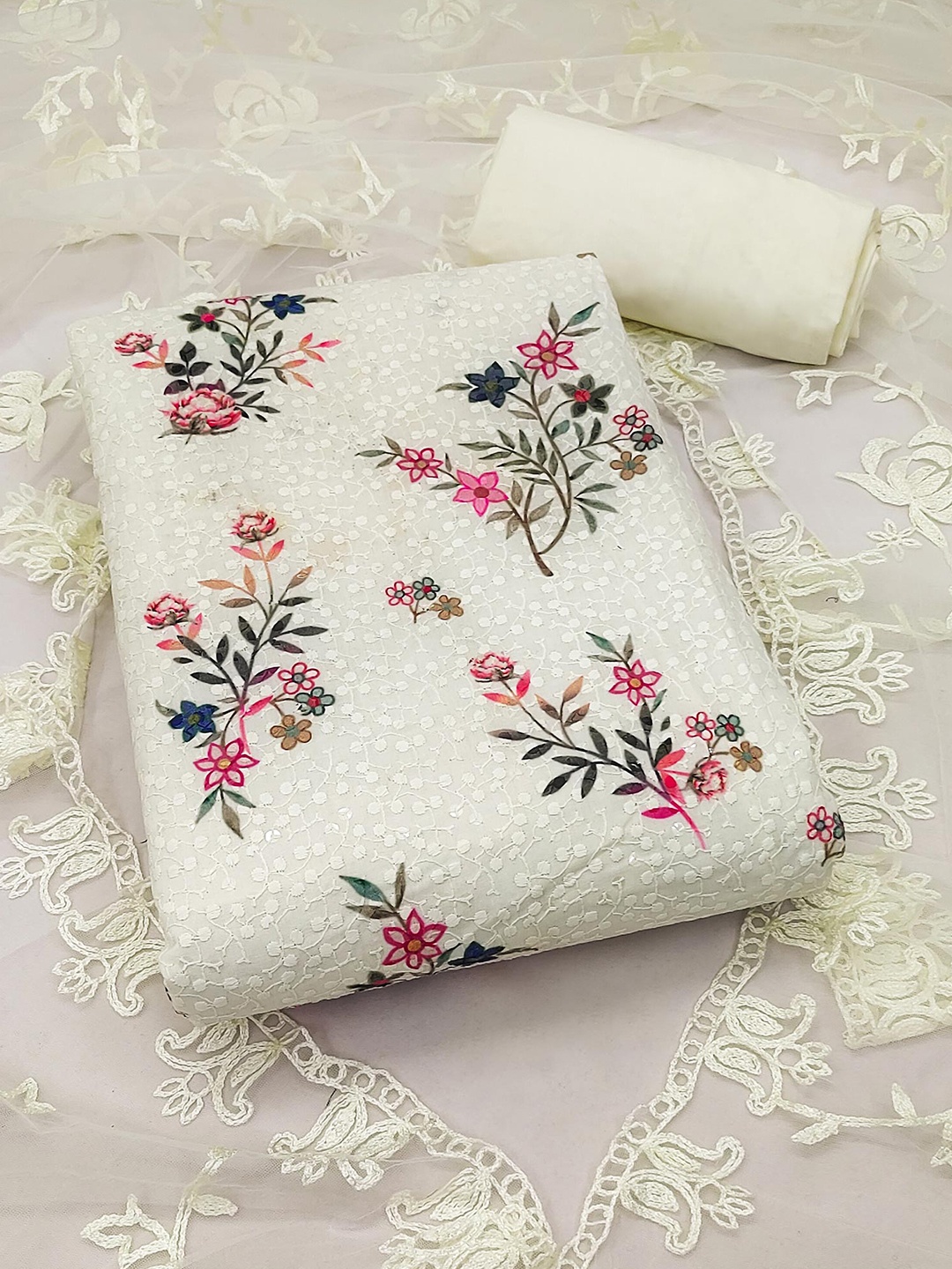 

Peachmode Embroidered Unstitched Dress Material, Off white