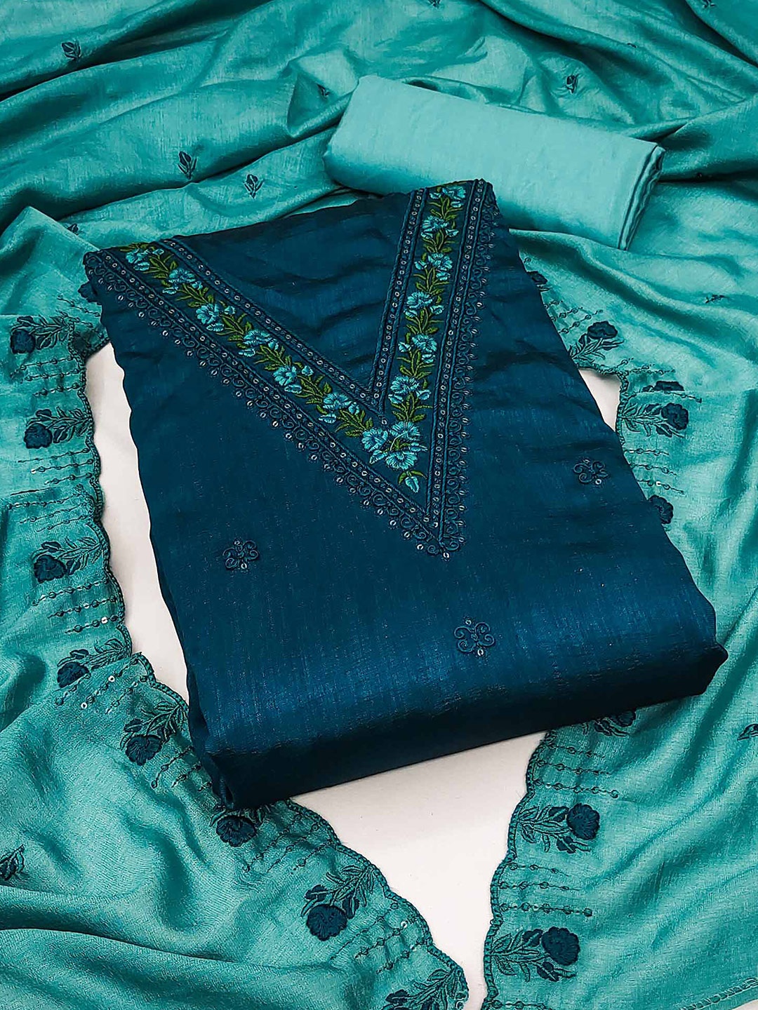 

Peachmode Embroidered Unstitched Dress Material, Teal