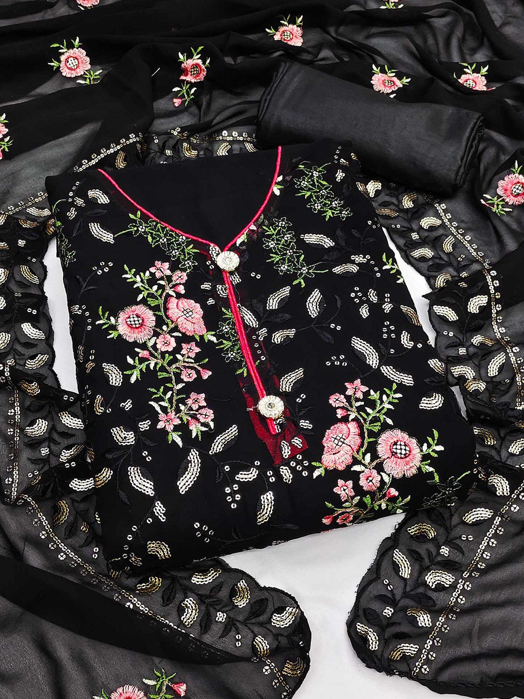 

Peachmode Embroidered Silk Georgette Unstitched Dress Material, Black