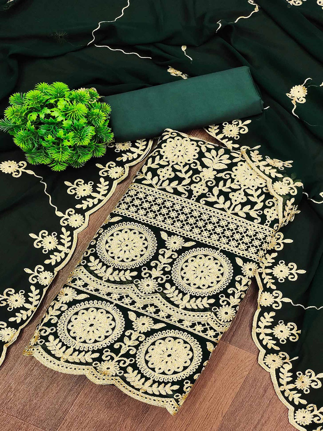 

Peachmode Embroidered Silk Georgette Unstitched Dress Material, Green