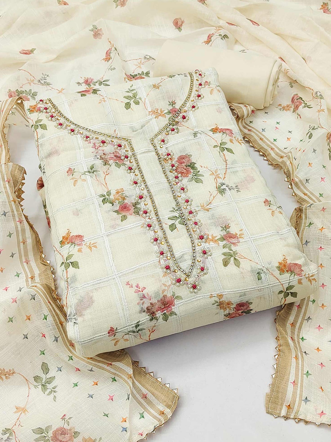 

Peachmode Printed Linen Unstitched Dress Material, Cream