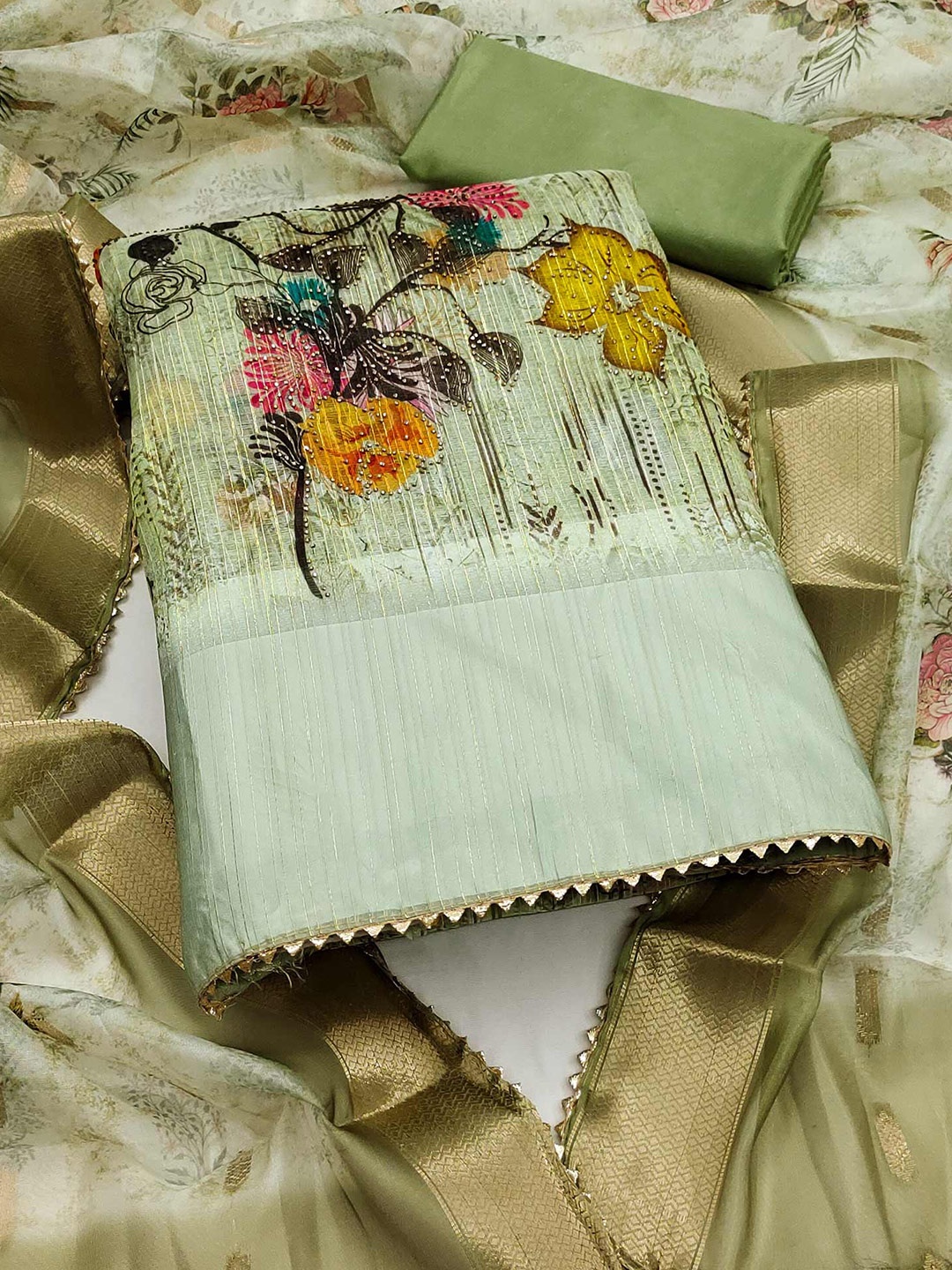 

Peachmode Printed Organza Unstitched Dress Material, Green