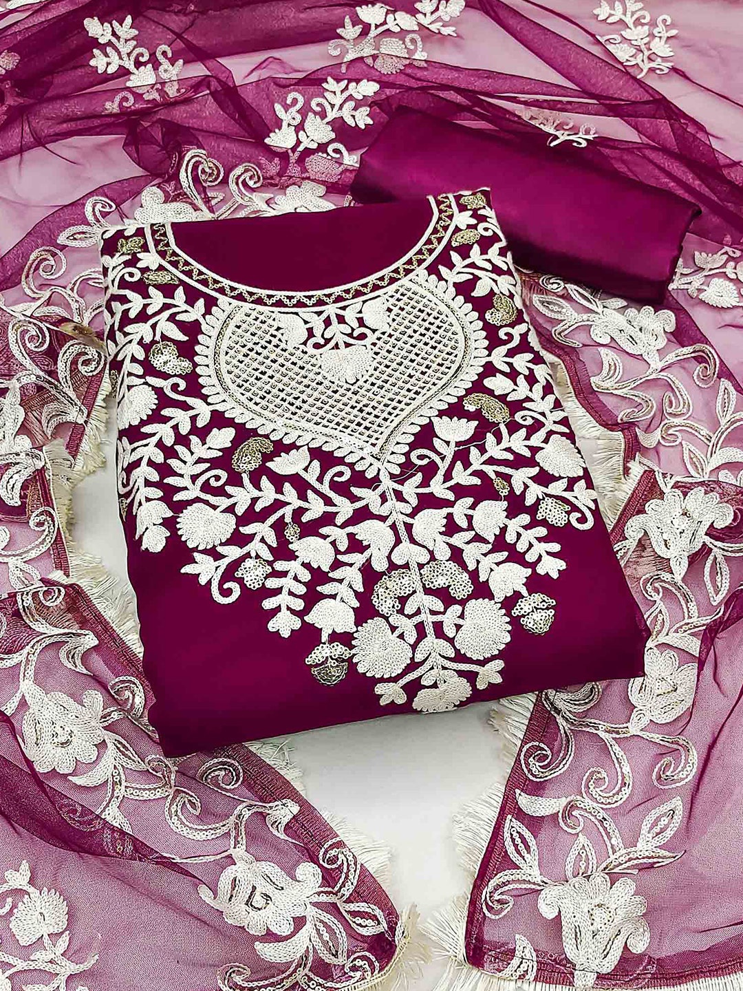 

Peachmode Embroidered Silk Georgette Unstitched Dress Material, Purple