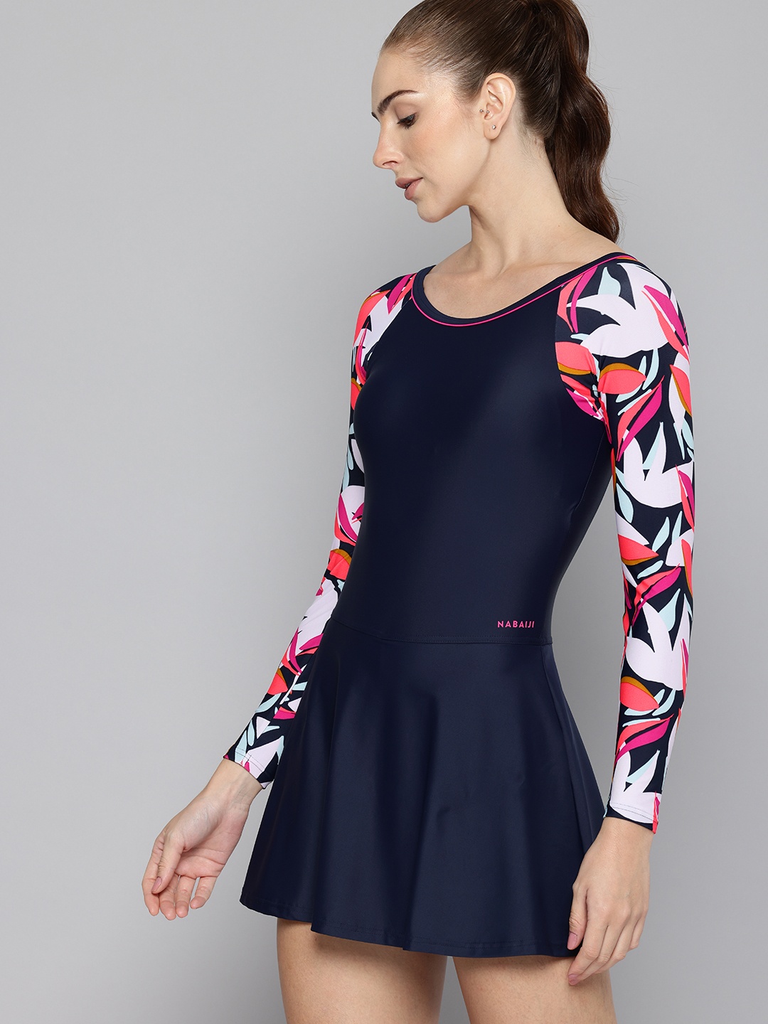 

Nabaiji By Decathlon One-Piece Printed Swimming Dress, Navy blue